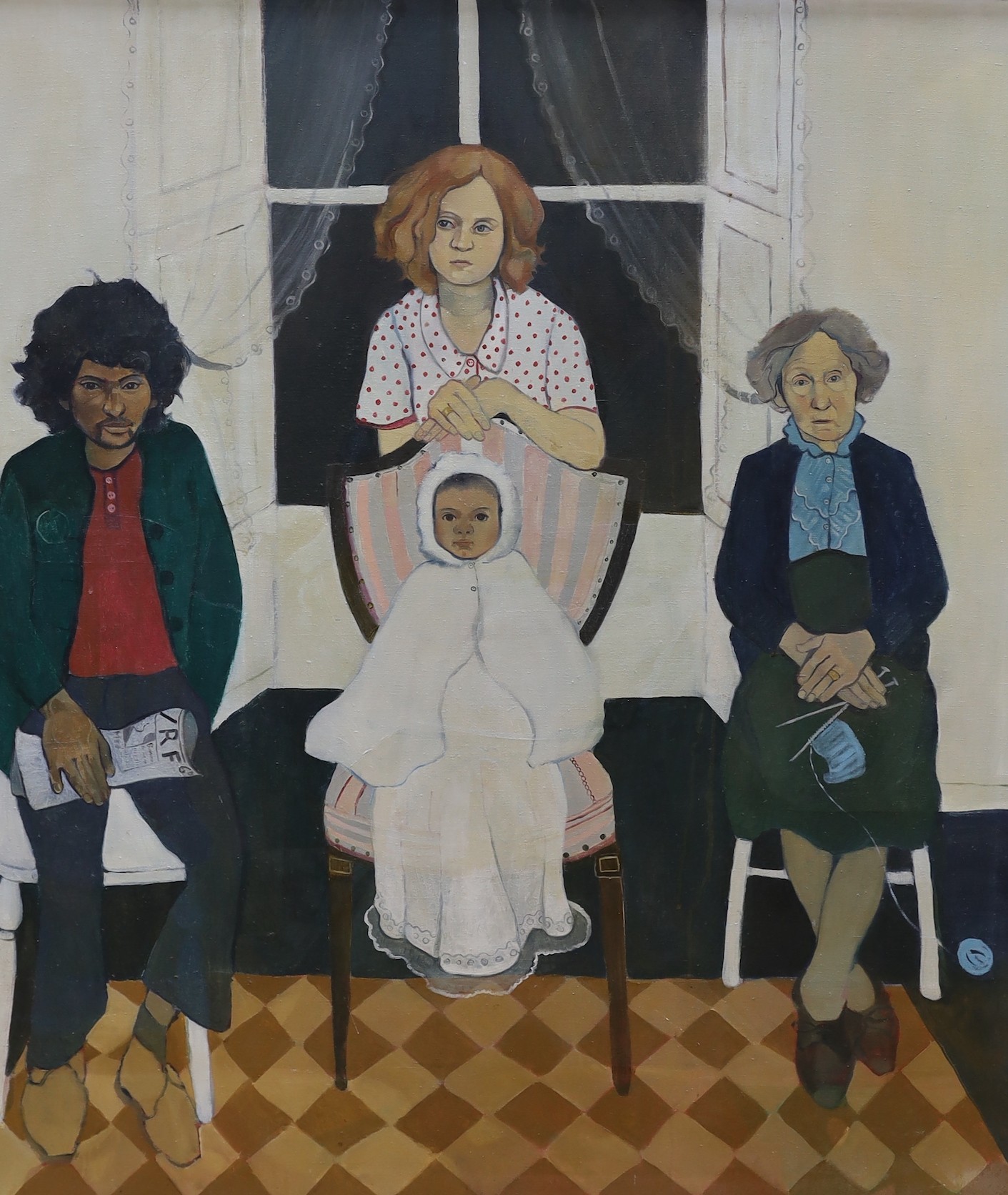 Modern British, oil on canvas, Figures seated before a window, 126 x 111cm